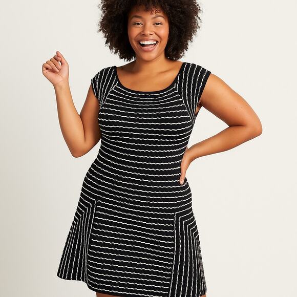 Jessica Simpson 3X Black & Ivory Striped Fit & Flare Dress – Flirty & Fun - Picture 1 of 4